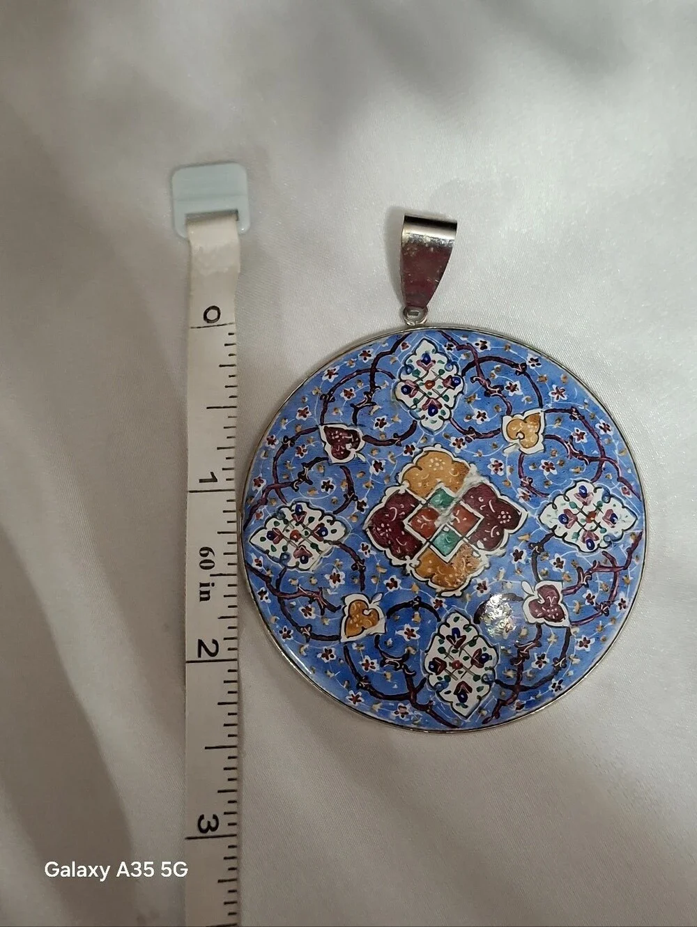 Persian enamel painted large silver medallion pendant